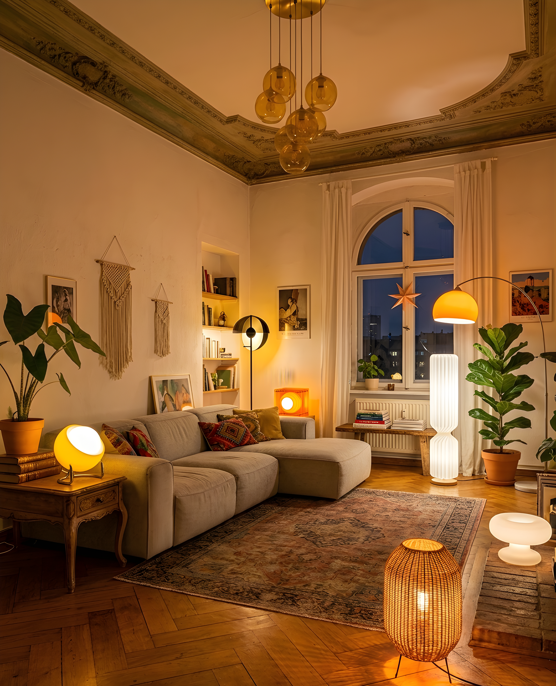 Cozy, aesthetic living room with Ambere studio lighting around it, warm white lamps of various sizes