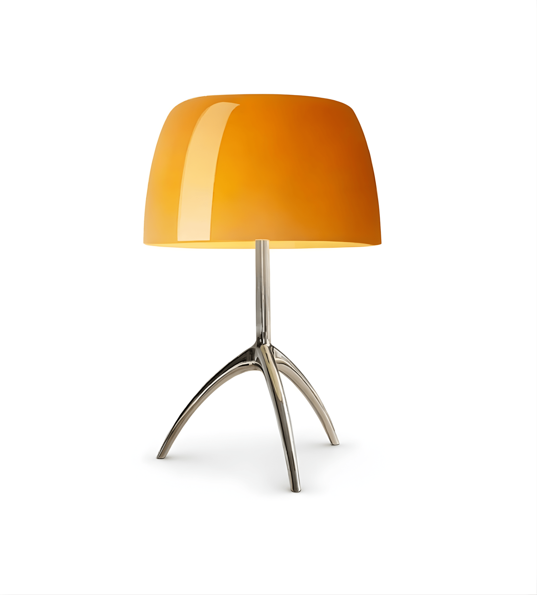 Bellaro Tri-Leg Retro Table Lamp in amber orange with chrome sculptural tripod base on white background