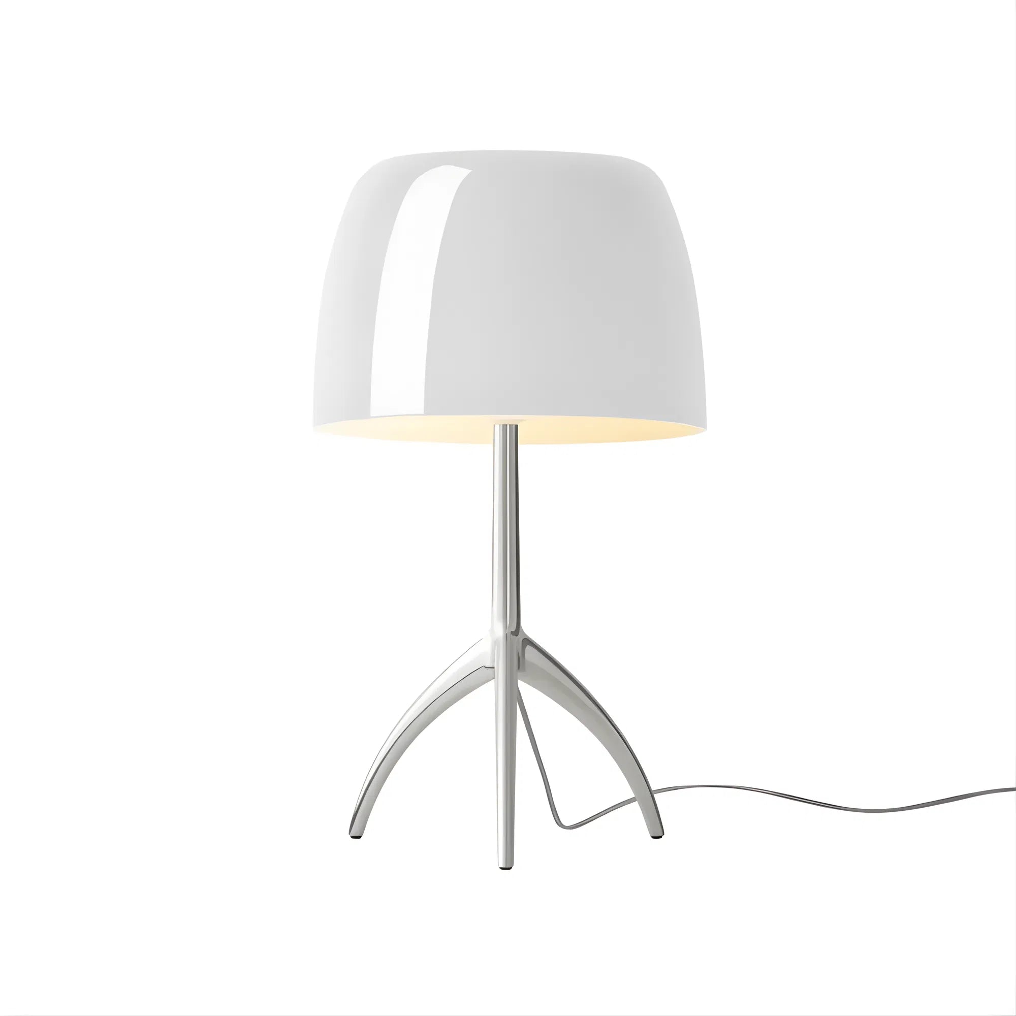 Bellaro Tri-Leg Retro Table Lamp in classic white with chrome sculptural tri-leg base on white background