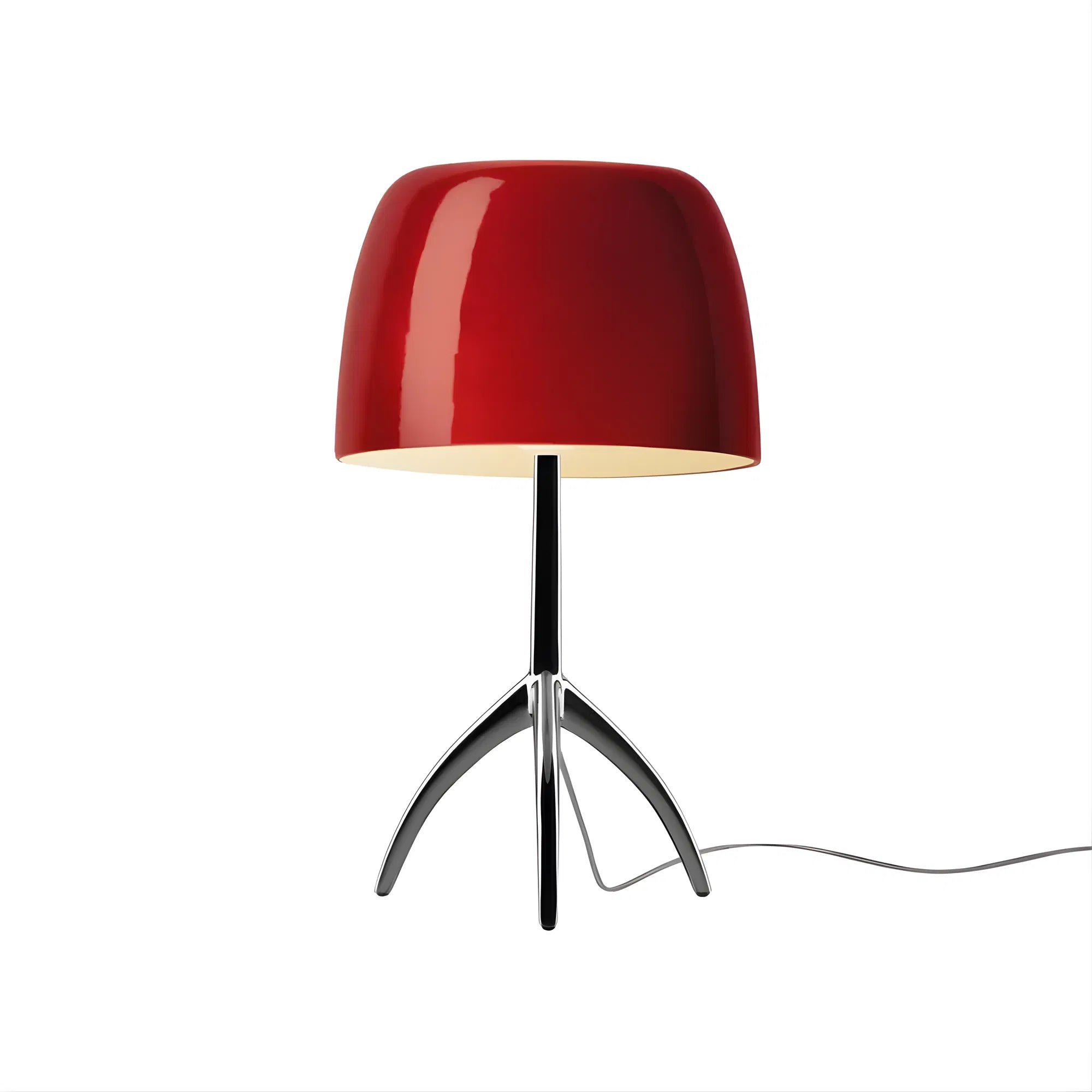 Bellaro Tri-Leg Retro Table Lamp in deep red with silver tripod base on white background