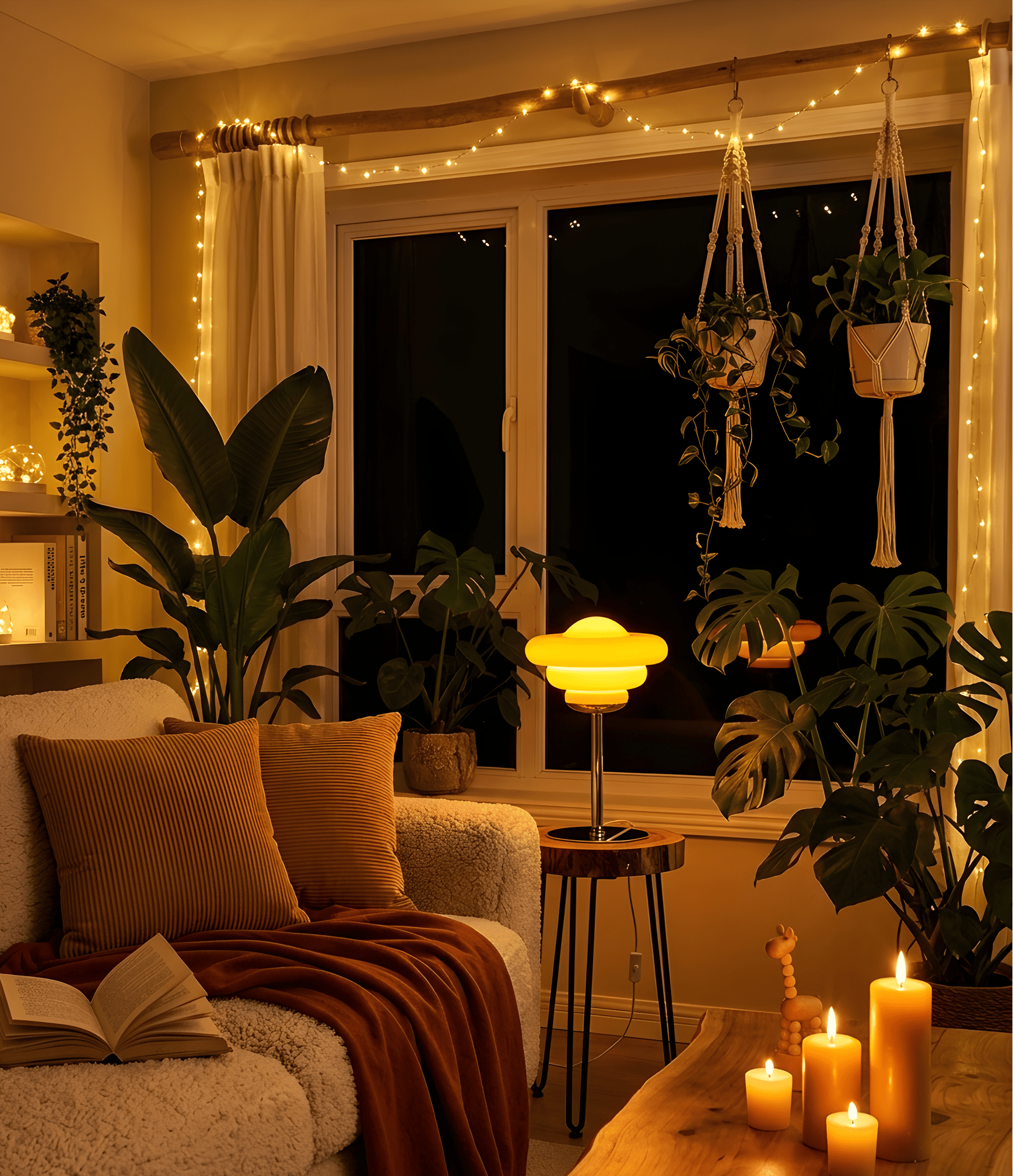Bergamo Conch Shell Table Lamp glowing warmly in a dark festive room with string lights and candles