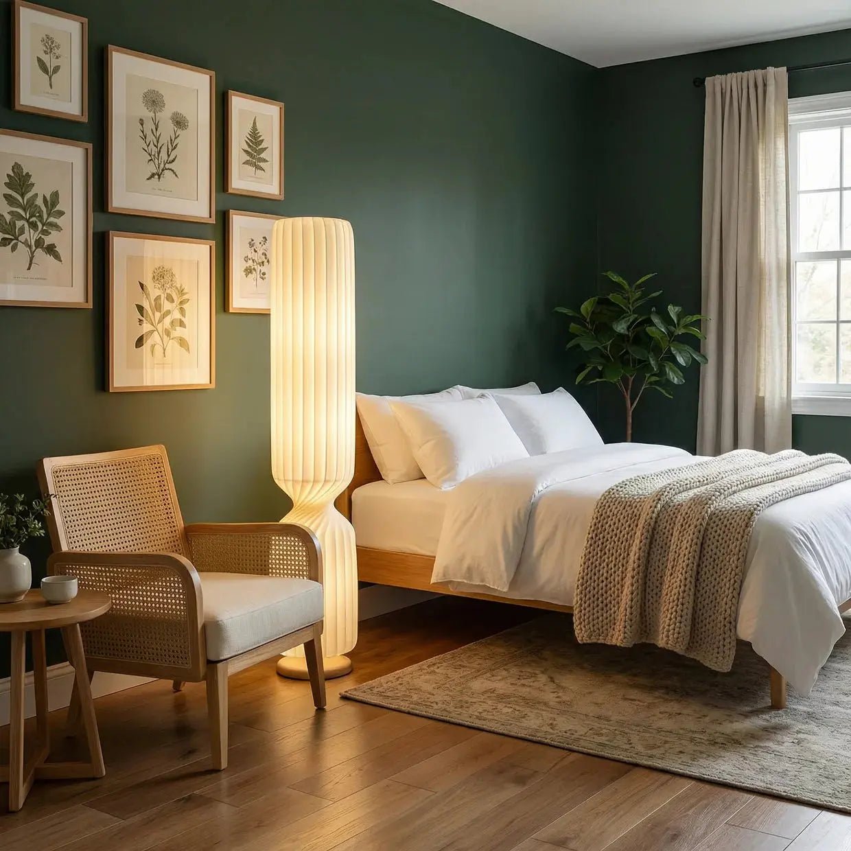 Solenne white hourglass floor lamp in bright modern bedroom beside armchair